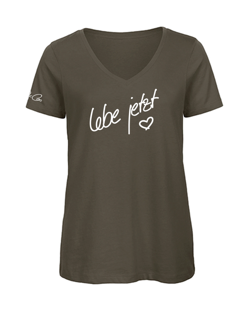 Doc Caro "Lebe jetzt" B&C Inspire Damen V-Neck Shirt weiss/olive
