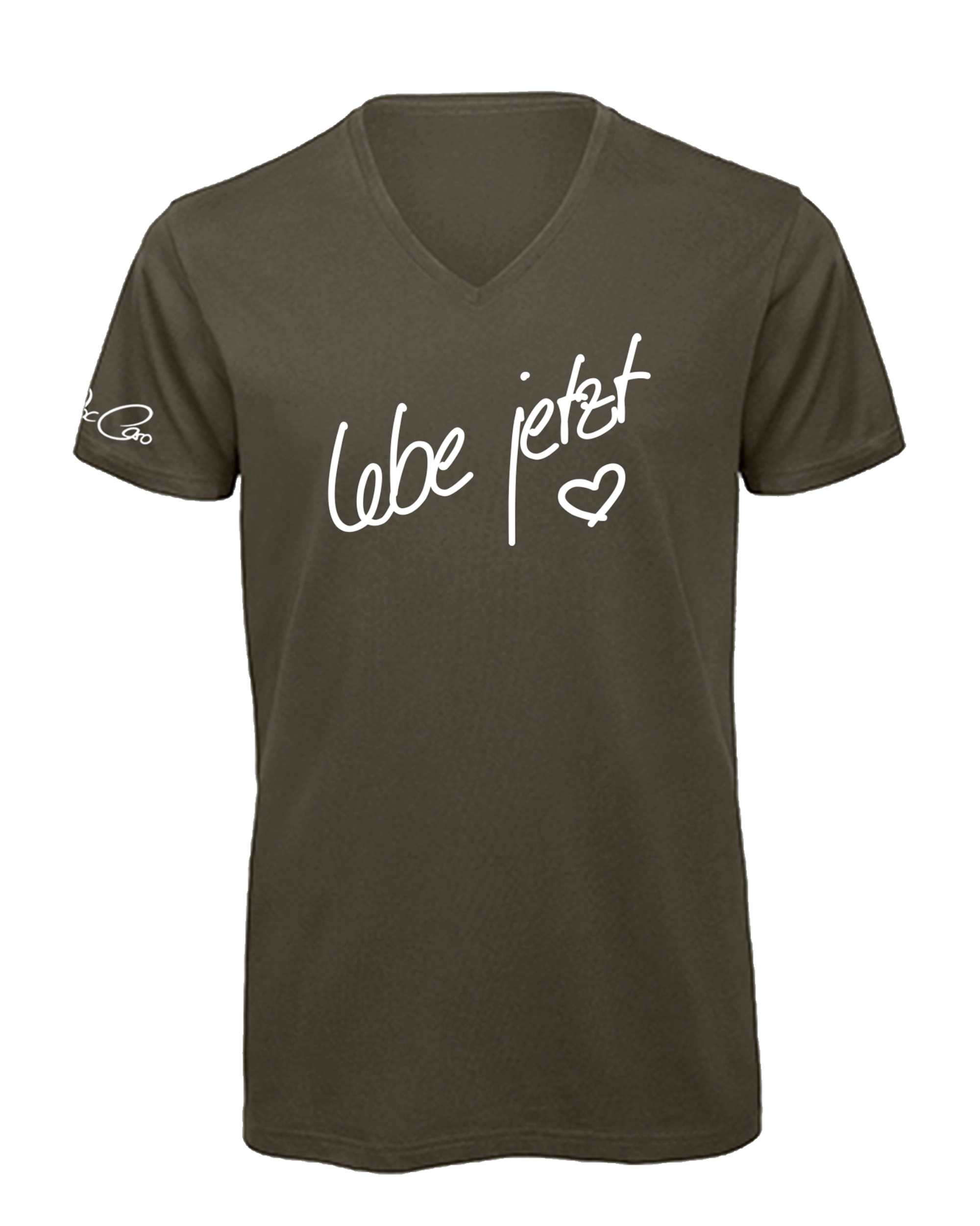 Doc Caro "Lebe jetzt" B&C Inspire Unisex V-Neck Shirt weiss/olive